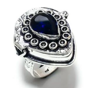 Midnight Blue Sapphire 925 Sterling Silver Handmade Hidden Storage Ring Size 8.5